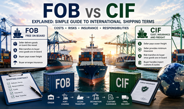 Comparație între termenii de livrare FOB și CIF, cu transport de marfă pe navă portcontainer și operațiuni logistice internaționale